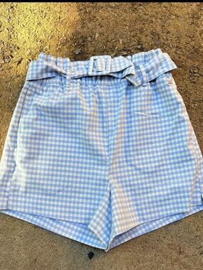 blue gingham high waisted preppy shorts